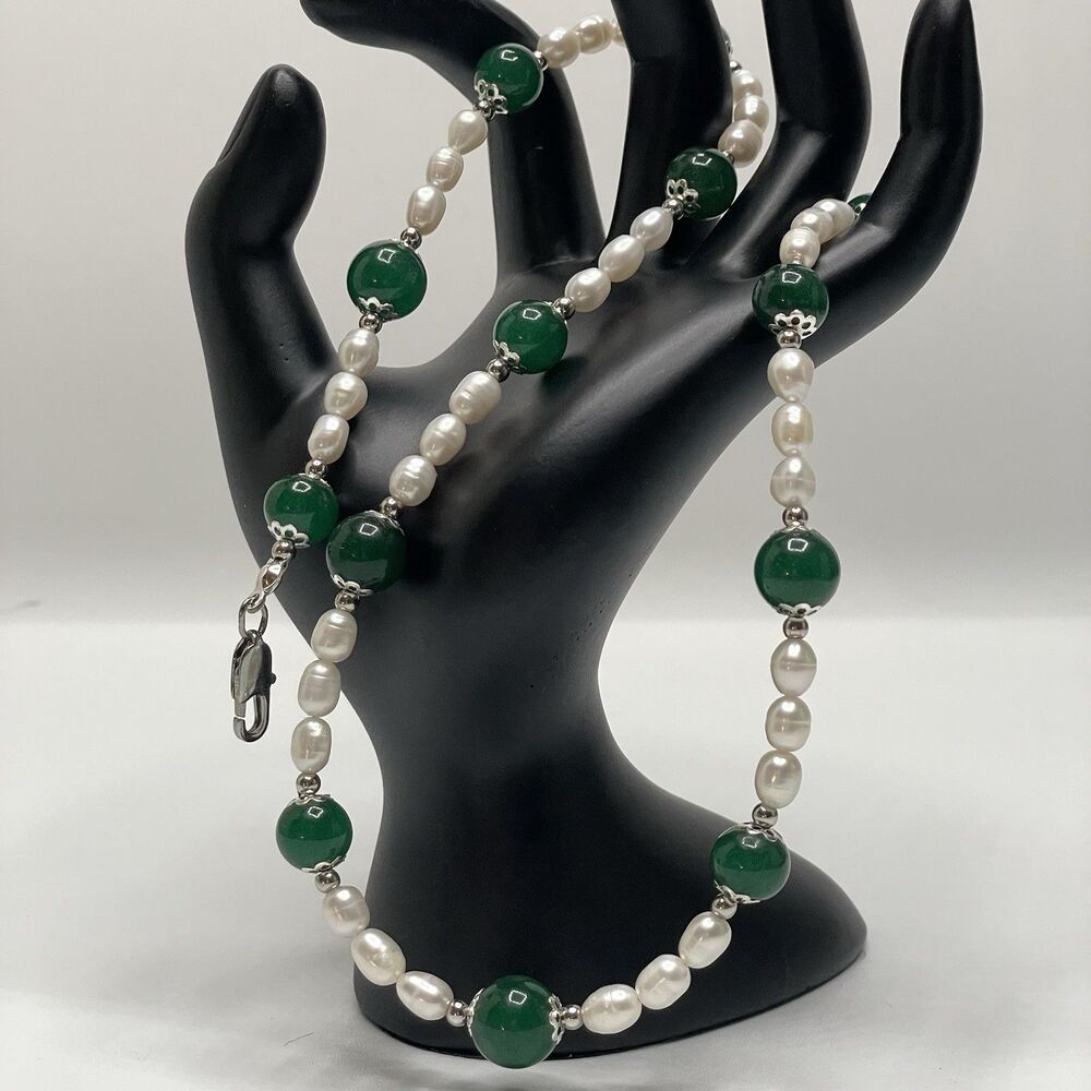 Artisan Handcrafted Emerald Green Gemstone Freshwater Pearl Beaded Necklace